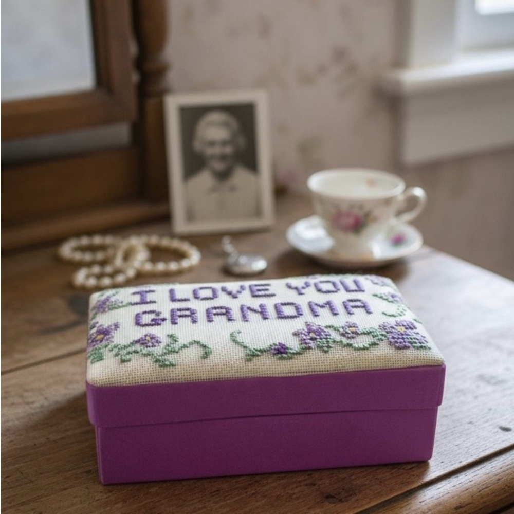 Fetco “I Love You Grandma” Embroidered Keepsake Box – Handmade Needlework